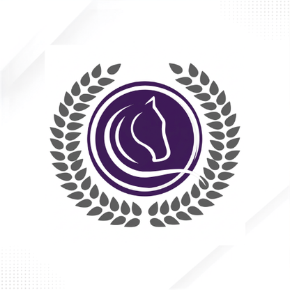 A circular purple and white horse head logo centered within a dark gray laurel wreath on a white background with subtle diagonal gray corner accents.
