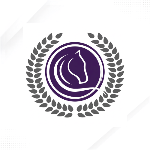 A circular purple and white horse head logo centered within a dark gray laurel wreath on a white background with subtle diagonal gray corner accents.