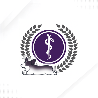A veterinary-themed logo or emblem featuring a dark purple circular medallion with a white snake-and-crossbones symbol, surrounded by a gray laurel wreath and a black-and-white dog silhouette at the bottom, on a white background with subtle diagonal gray bands.