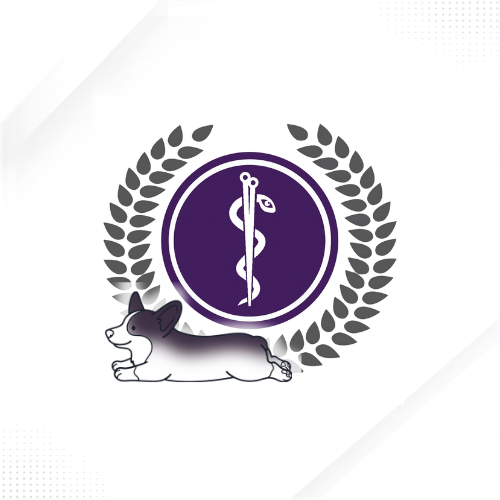A veterinary-themed logo or emblem featuring a dark purple circular medallion with a white snake-and-crossbones symbol, surrounded by a gray laurel wreath and a black-and-white dog silhouette at the bottom, on a white background with subtle diagonal gray bands.