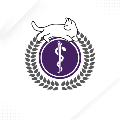 A stylized veterinary logo featuring a white cat silhouette above a purple circular emblem with a snake-and-rod symbol, surrounded by a gray laurel wreath on a white background.